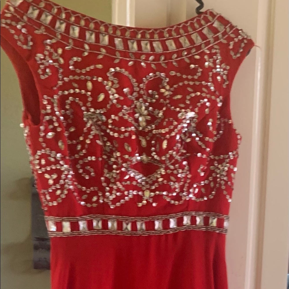 Red crystal embellished, Floor length w/train.